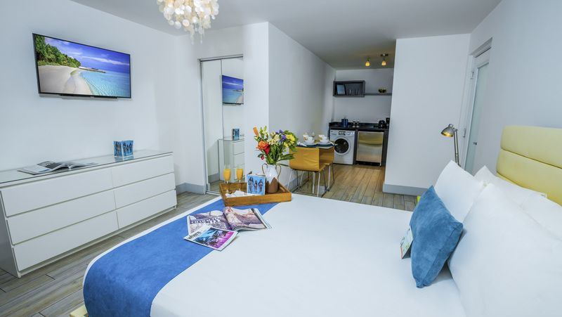 A suite with a king-size bed, kitchenette, and TV