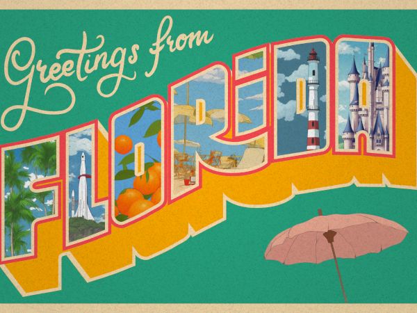 A vintage-style postcard reads "Greetings from Florida" with images of oranges, a beach, a lighthouse, and a rocket inside large letters.