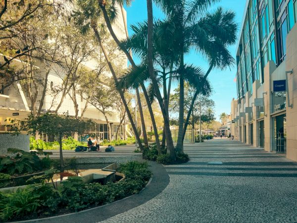 A tree-lined walkway between buildings with people sitting on benches, surrounded by greenery and a clear blue sky above.