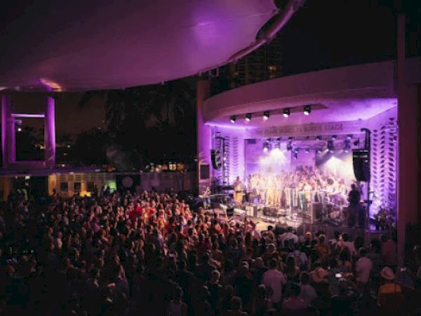 A vibrant outdoor concert with a large crowd, illuminated by purple lights on stage, featuring musicians performing under a canopy at night.