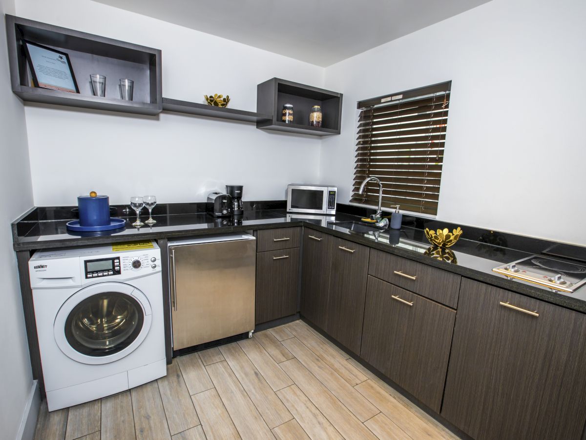A compact L-shaped kitchen with dark cabinets, a washing machine, dishwasher, microwave, toaster, sink, and various small appliances on black countertops under a window.